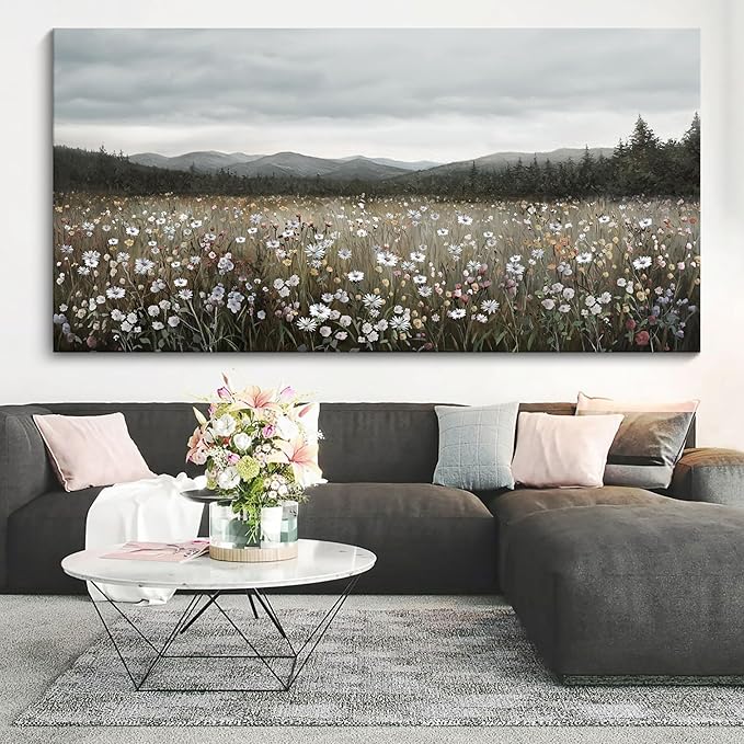 HGUAOA Vintage Framed Floral Landscape Wall Art for Living Room - Large Nature Artwork Above Bed Wall Decor - Farmhouse Mountain Pictures for Bedroom Wall Decor 20×40IN-Ruum Studio Home