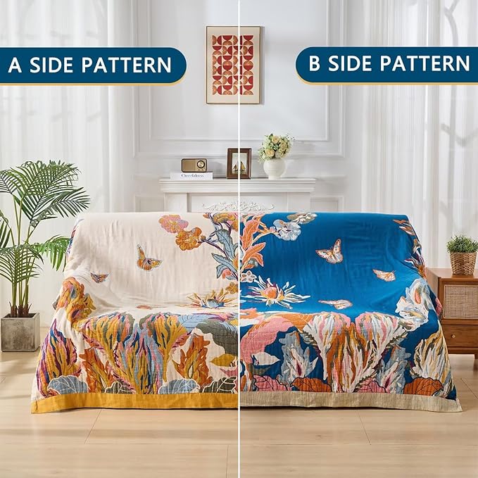 Boho Throw Blanket for Bed, Lightweight Reversible Quilt, Fall Cotton Blanket, Queen Size Boho Floral Bird Colorful Retro Quilt Ultra Soft Reversible Gauze Blanket for All Season, 80"x90"-Ruum Studio Home
