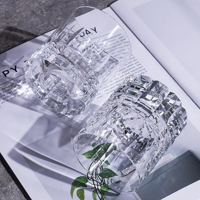 KAMMAK Crystal Whiskey Glasses Set of 2, Luxury 7.78oz Old Fashioned Glasses Stemless, Hand Blown Cocktail Glasses, Handcrafted Engraved Scotch Cup for Women, Men Gift for Bourbon Barware-Ruum Studio Home