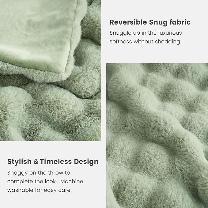 Cozy Bliss Faux Fur Throw Blanket for Couch, Fuzzy Soft Plush Thick Bubble Blanket for Sofa Bedroom Living Room, 50 * 60 Inches Sage Green-Ruum Studio Home