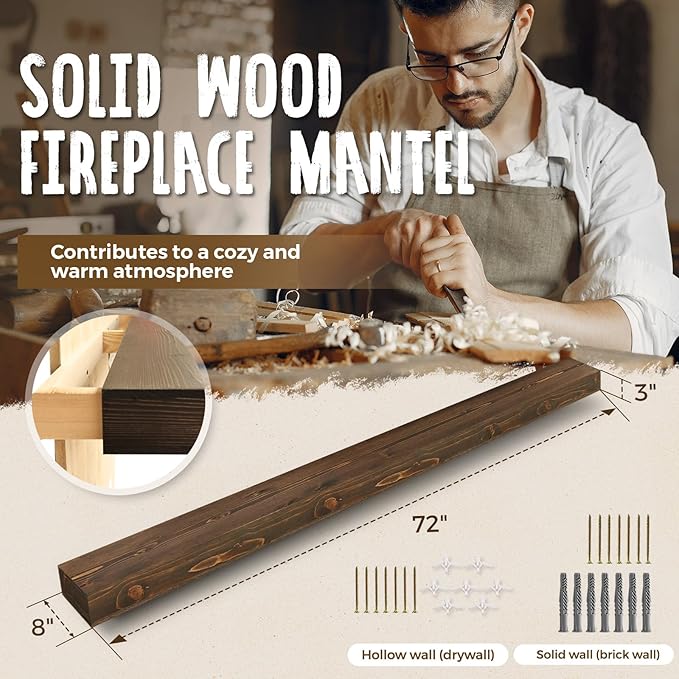 72x8x3 Fireplace Mantel - Handcrafted Hollow Rustic Solid Wood Wall Mounted Floating Shelf with Invisible Heavy Duty Wood Bracket (Weathered Brown)-Ruum Studio Home