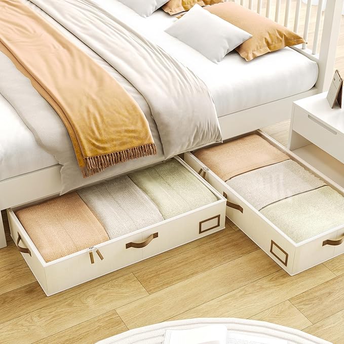 Under Bed Storage Containers, 2-Pack Underbed Storage Box, Collapsible Clothes Storage Bins with Handles and Lid, Large Under Bed Organizers for Shoe, Blanket, Toy, Pillow, Sheet, Beige-Ruum Studio Home