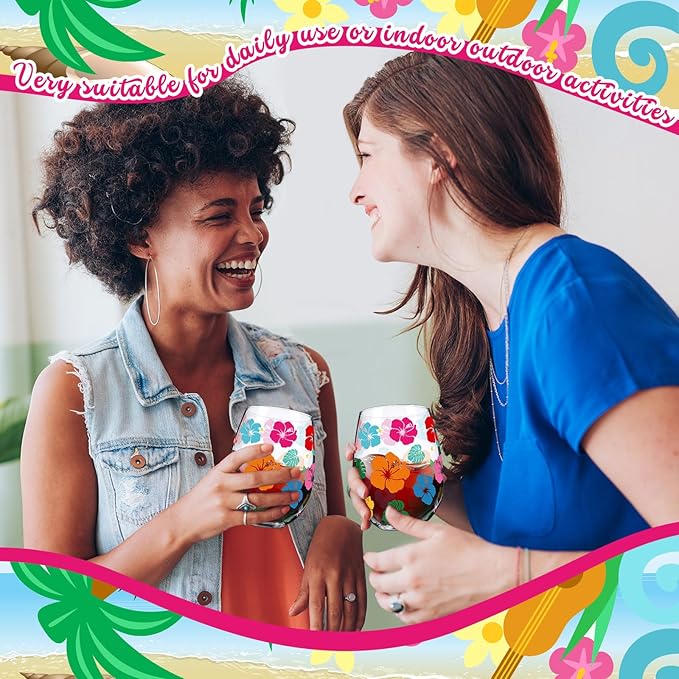 Sliner 2 Pack 17oz Summer Hawaiian Stemless Wine Glasses Aloha Stemless Wine Glass Luau Colorful Flowers Leaves Tumbler Cups for Hawaiian Tiki Party Supplies Birthday Gift-Ruum Studio Home