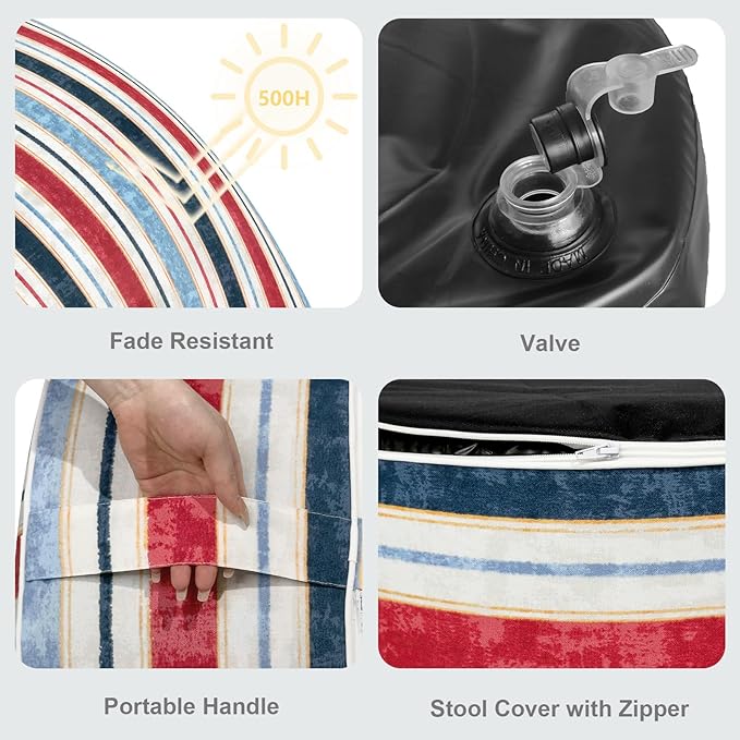 LVTXIII Outdoor Inflatable Ottoman, Fade-Resistant Round Footrest Stool D31”x H14”, Portable Patio Pouf for Garden Camping or Home Use, Stripe Red Blue-Ruum Studio Home