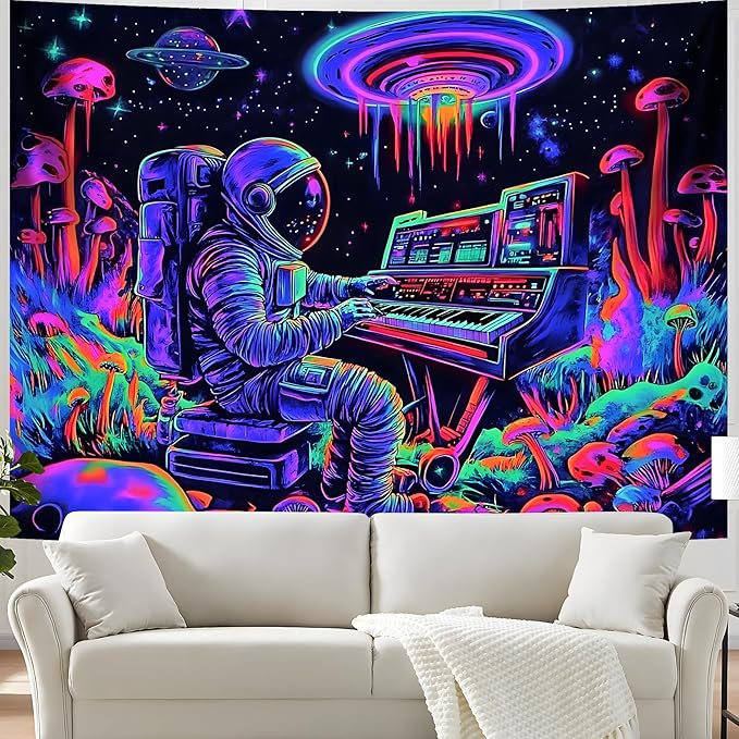 BVBOX Astronaut Space Blacklight Tapestry 79"x59", UV Reactive Astronaut Electronic Piano Universe Galaxy Planet Glow in Dark Music Tapestries, Black Light Neon Upright Poster Wall Hanging Backdrop Decor for Bedroom Living Room-Ruum Studio Home