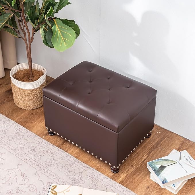 Joveco Leather Storage Ottoman Bench Rectangle 24 Inch Foot Rest Ottomans Stool for Living Room Bedroom(Brown)-Ruum Studio Home