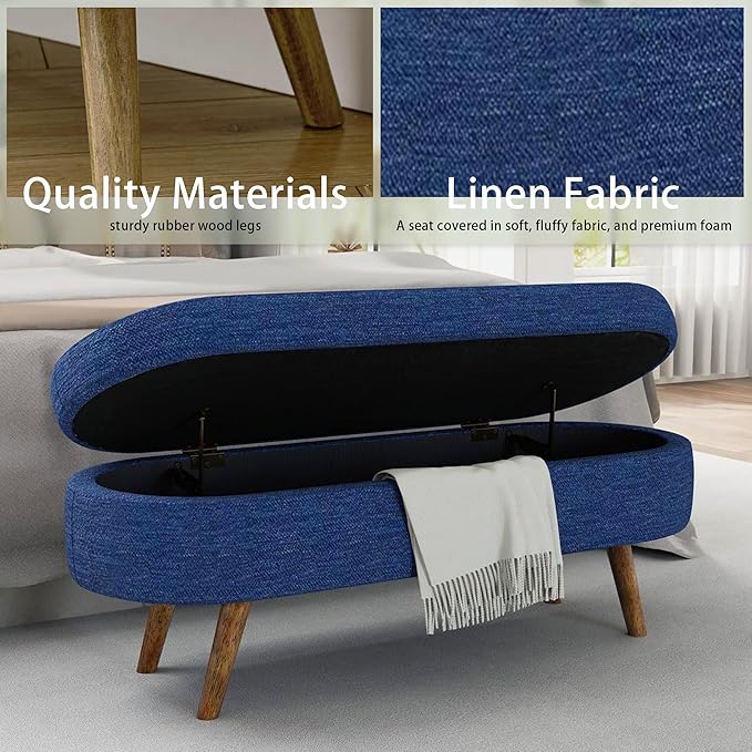 Oval Storage Bench 43.5" Linen Fabric Upholstered Entryway Bench with Solid Wood Legs Ottoman Bench Indoor Bench for Living Room/Bedroom/End of Bed/Entryway (Dark Blue)-Ruum Studio Home