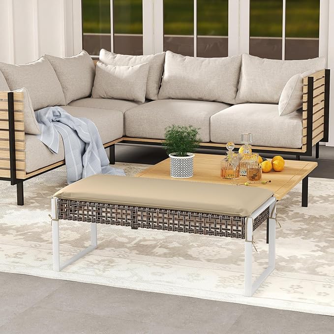 Tangkulka Outdoor Ottoman, Patio Rattan Heavy Duty Wicker Footrest with Soft Cushion & Metal Frame, Extra Seating, for Porch, Backyard, Lawn and Poolside (2)-Ruum Studio Home