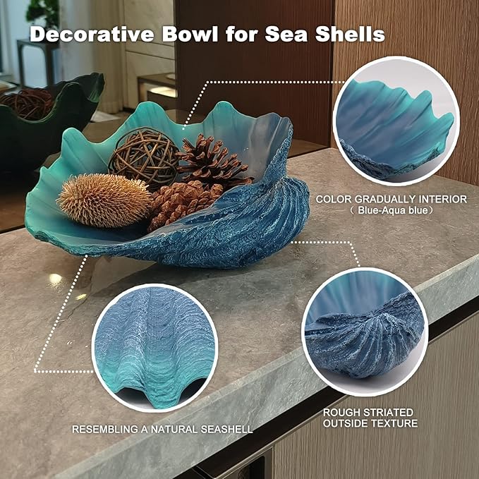 Large Caribbean Blue-Aqua Sea Shells Decorative Bowl Resin Clam Shell Bowl Beach Decorations for Home Coastal Beach Decor Decoration Storage Bowls&Home Office Nautical Themed Party Decor-10.2"-1PC-Ruum Studio Home