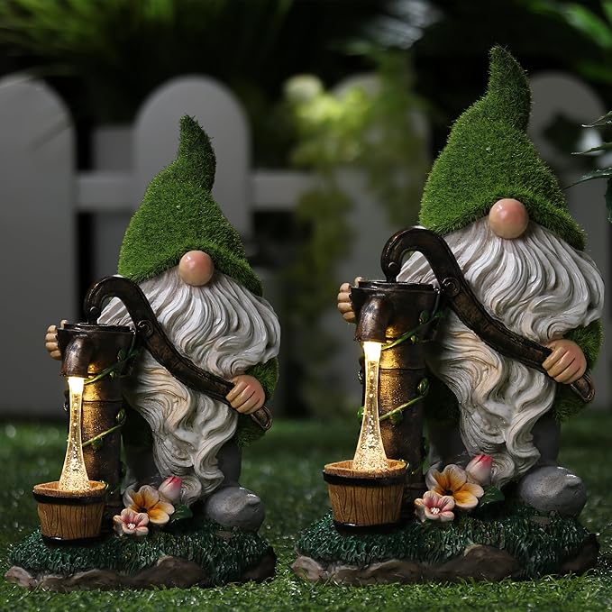 TERESA'S COLLECTIONS Resin Garden Gnomes Decor with Solar Lights, Fathers Gifts, Green Outdoor Decorations for Porch Patio, Gifts for Dad and Mom，Outdoor Garden Decor Ornaments for Outside, 10"-Ruum Studio Home