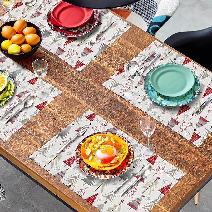 Christmas Tree Placemats Set of 4 Geometric Colorful Xmas Place Mats 12x18 Inch Seasonal Winter Holiday Farmhouse Washable Linen Table Mat for Party Kitchen Dining Decoration-Ruum Studio Home