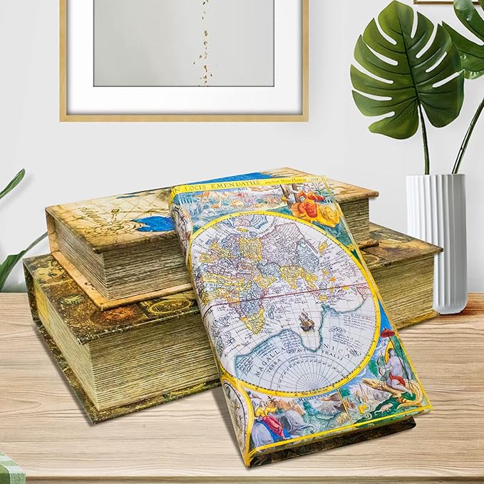 Decorative Book Box Set of 3, Fake Book Trinket Keepsake Storage Boxes with Ancient World Map Pattern, Graduation Gift-Ruum Studio Home