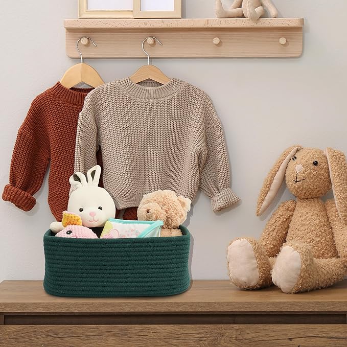 Small Woven Storage Baskets 12“X8”X5“ Decorative Rope Bins for Organizing Shelves, Closets, and Toys, Empty Gift Baskets, Cute Organizer Basket for Home and Office (dark green, regular)-Ruum Studio Home
