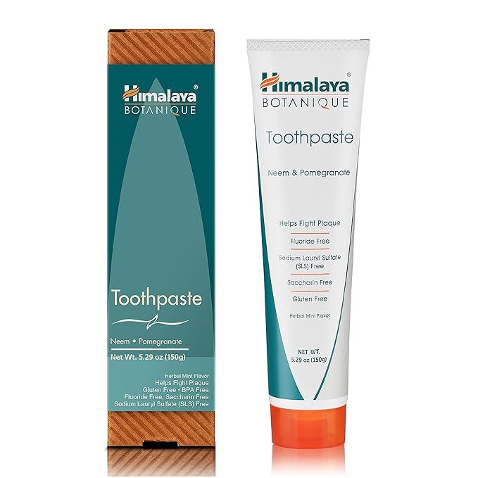 Himalaya Botanique Neem & Pomegranate Toothpaste, Mint Flavor - Fluoride Free Toothpaste Fights Plaque & for Fresh Breath - Vegan, Gluten Free, No SLS, No Artificial Flavors or Colors, 5.29 oz-Ruum Studio Home