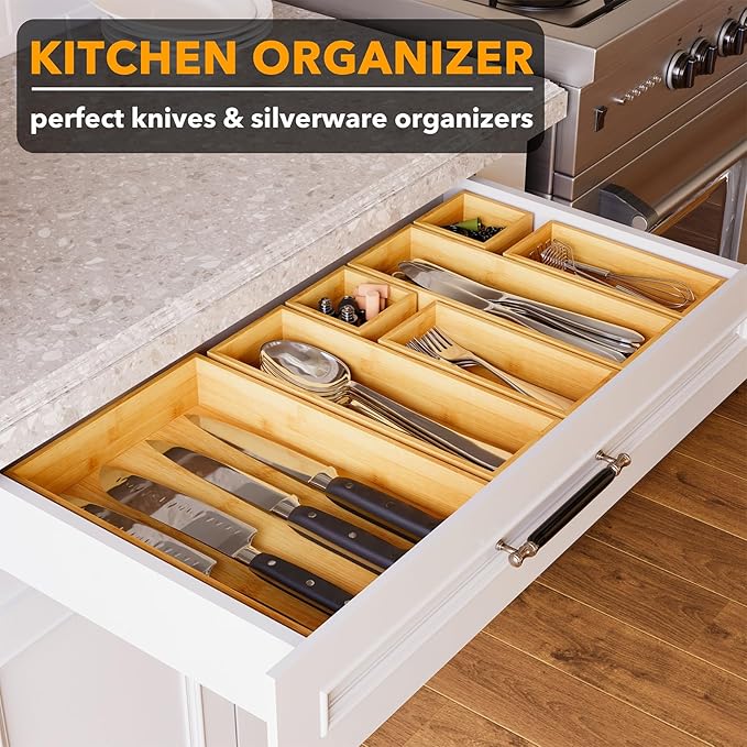 SpaceAid 7-Piece Bamboo Drawer Organizer Storage Boxes Set, Wood Tray Junk Drawer Organizers Multi-Use Divider Bins for Kitchen, Bathroom, Office Desk and Makeup Organization (7 Pack, Natural)-Ruum Studio Home