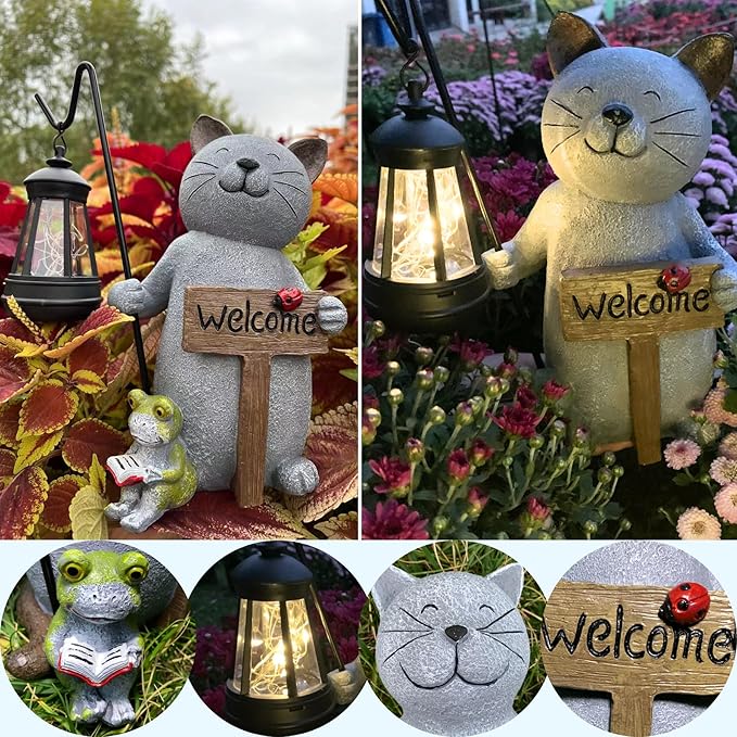 Cat Garden Statue with Solar Lantern: Cat Outdoor Figurine Decorations -Solar Garden Statue Decor for Patio,Balcony,Yard, Lawn - Gift for Mom, Grandma,Women, Housewarming,Birthday-Ruum Studio Home