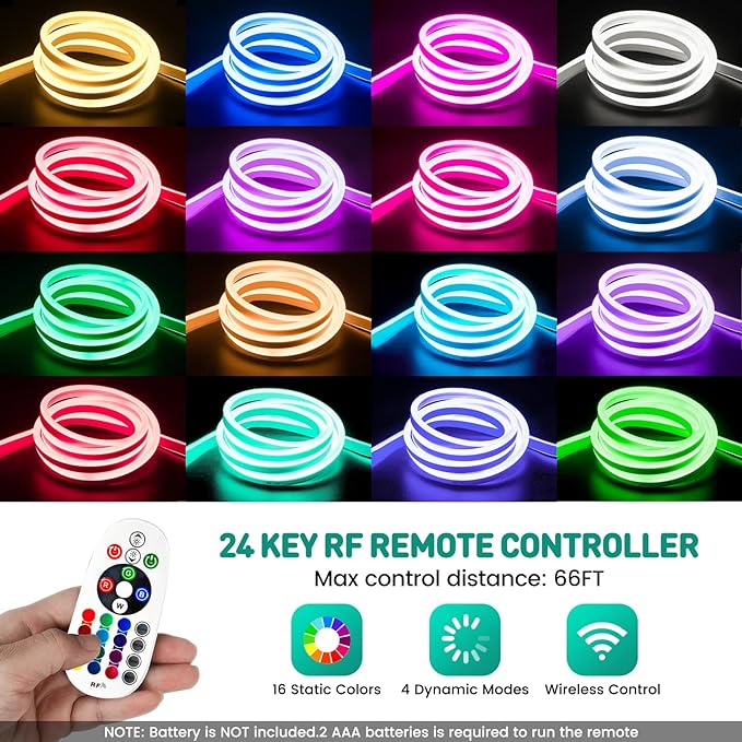 GZBtech RGB LED Neon Rope Lights 33FT/10M, AC 110-120V Waterproof Color Changing LED Rope with Remote Controller, Dimmable Multi Color Neon Rope Lighting for Indoor Outdoor Commercial Use-Ruum Studio Home