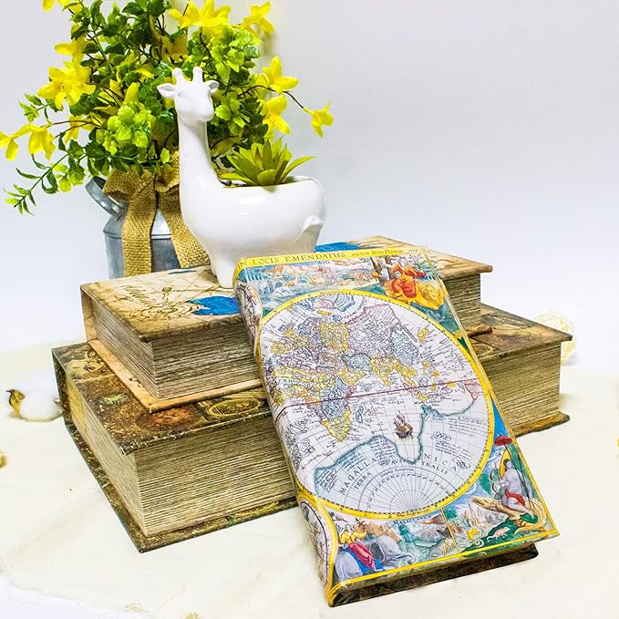 Decorative Book Box Set of 3, Fake Book Trinket Keepsake Storage Boxes with Ancient World Map Pattern, Graduation Gift-Ruum Studio Home