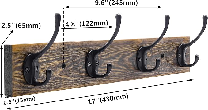 IBosins Wall Mounted Coat Rack, Entryway Hanging , Metal Wood Rack with 4 Black Literary Rustic Hooks Rail for Scarf, Bag, Towel, Key, Cap, Cup, Hat (Brown)-Ruum Studio Home