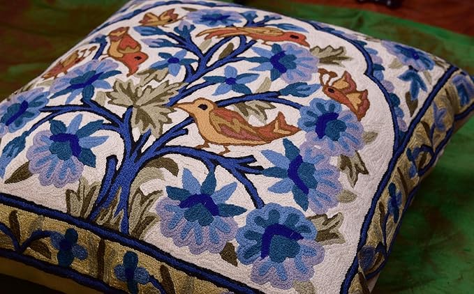Blue Tree of Life Pillow Cover Blues Birds Floral Decorative Pillowcase Flower Outdoor Suzani Cushion Needlepoint Hand Embroidered Wool Size - 18x18-Ruum Studio Home