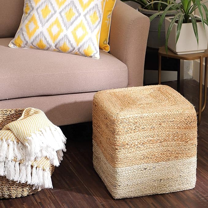REDEARTH · Cube Pouf Ottoman - Braided Pouffe Accent Sitting Square Footrest for Living Room, Bedroom, Nursery, kidsroom, Patio, Gym; 100% Jute (14.5"x14.5"x16"; Natural Ivory)-Ruum Studio Home