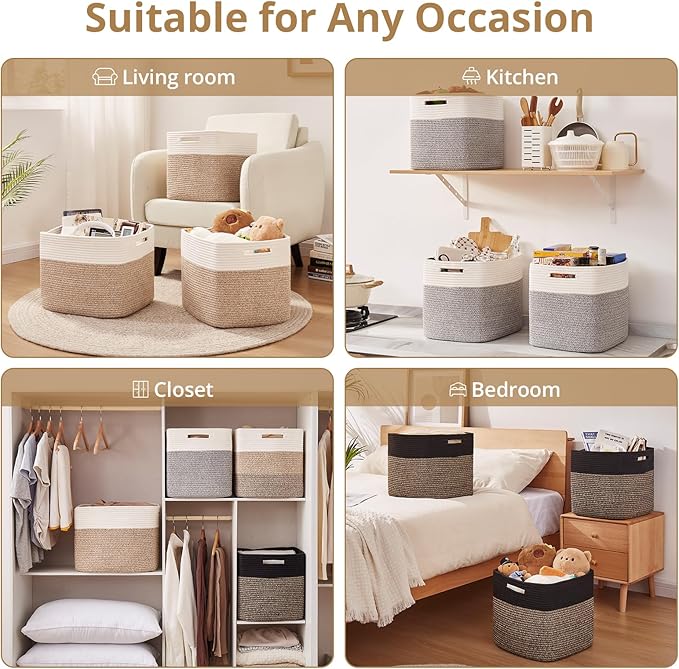 OIAHOMY 13 Kallax Inch Cube Storage Bins, 3-Pack Cotton Rope Woven Baskets for Organizing, Kallax Insert Storage Baskets for Shelves, Baby Nursery, Closet Organizer, 13*13*12.6IN, Black & Mixed Brown-Ruum Studio Home