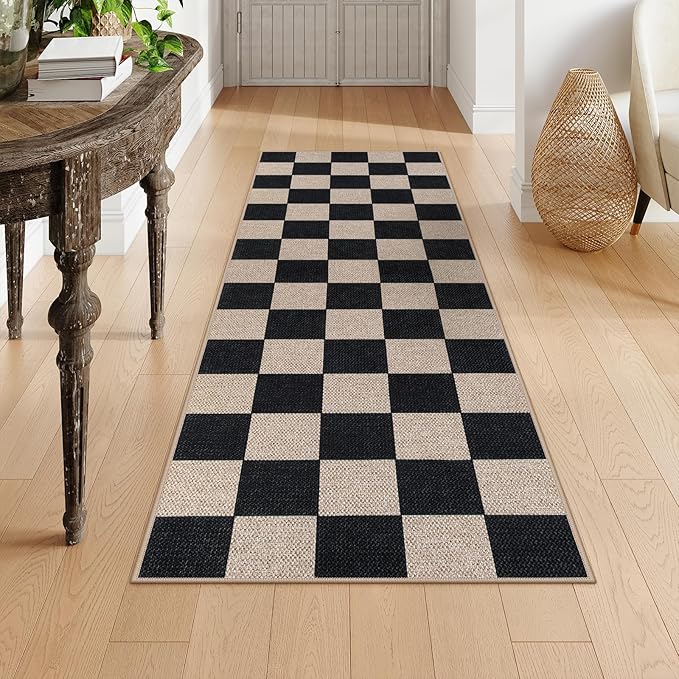 Lahome Checkered Easy Jute Runner Rug, 2x6 Kitchen Runner Rug Non Slip Washable Outdoor Carpet for Entryway Indoor, Checkerboard Black Indoor Outdoor Carpet Runners for Hallway 6ft Entry-Ruum Studio Home