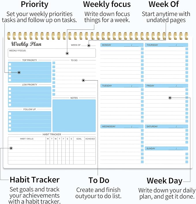 Weekly Planner Notepad Undated Weekly Schedule Planner To Do List Notebook Goals Planning Pad Habit Tracker Journal for Man & Women,52 Weeks (8.5x11")-Ruum Studio Home