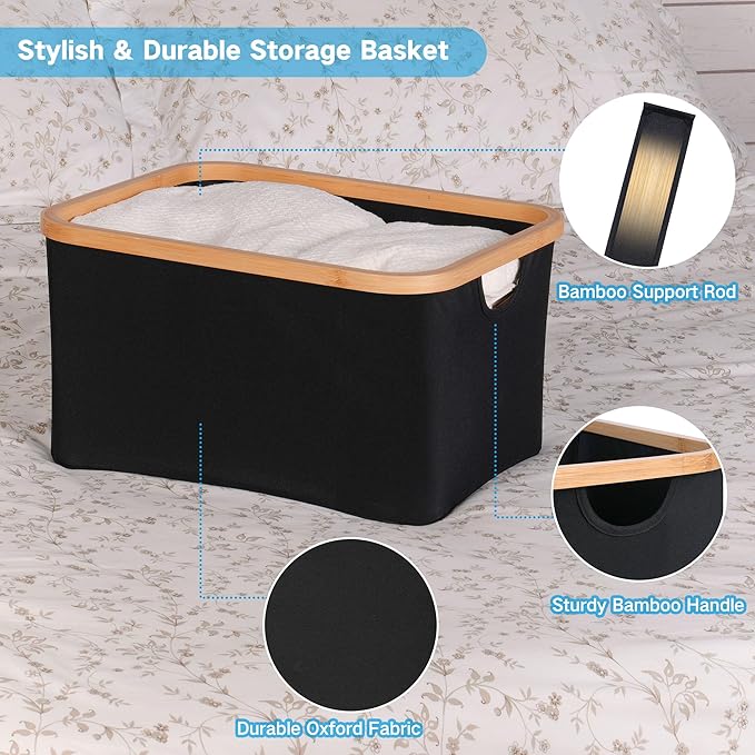 efluky Storage Baskets for Organizing, Fabric Storage Bins with Bamboo Handles, Collapsible Storage Baskets for Shelves and Closet (Black, 16.2'' x 13'' x 9.1'')-Ruum Studio Home