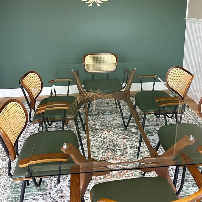 Rattan Dining Room Chairs Set of 2,Mid Century Modern Kitchen Side Chairs,Metal Legs Desk Chair,Faux Leather Accent Chair with Arms and Rattan Backrest Green PU-Ruum Studio Home