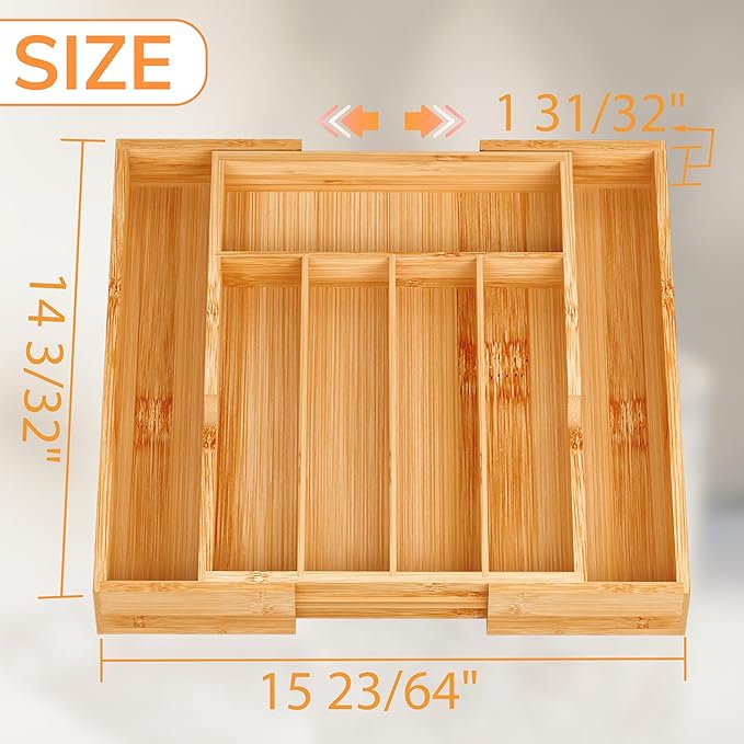 BAMEOS Bamboo Expandable Drawer Organizer, 5-7 Slots Kitchen Drawer Organizer, Adjustable Cutlery Tray for Utensils, Silverware & Flatware (Natural)-Ruum Studio Home