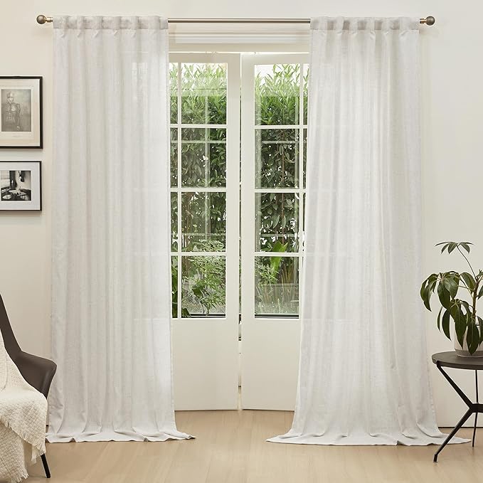 MYSKY HOME Country Curtains for Sliding Glass Door, Back Tab Semi Sheer Curtain Panels Extra Long Floor Length Drapes Linen Texture Soft Touch, 50x108 Inch, Linen, Set of 2-Ruum Studio Home
