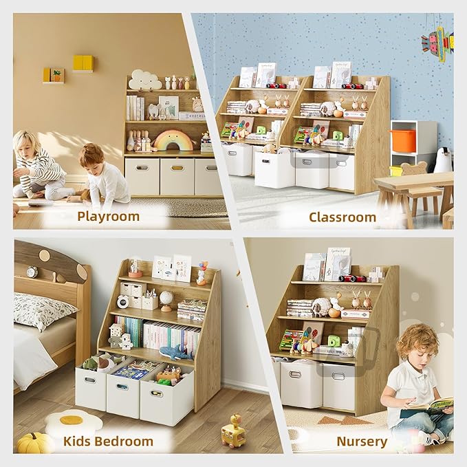Kids Bookshelf and Toy Organizer, 3-Tier Toy Storage Organizer with 3 Movable Drawers, Montessori Toy Shelf, Nursery Book Shelves Toddler Bookshelf for Kids Room Living Room Nursery-Ruum Studio Home