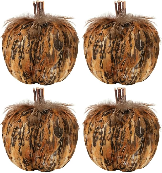 naturevibe 4.3 Inches Elegant Feathered Pumpkin Decor Set of 4 for Thanksgiving Decorations, Natural Feather Pumpkins as Fall Home Decor,Centerpieces for Tables or Autumn Harvest Gifts-Ruum Studio Home