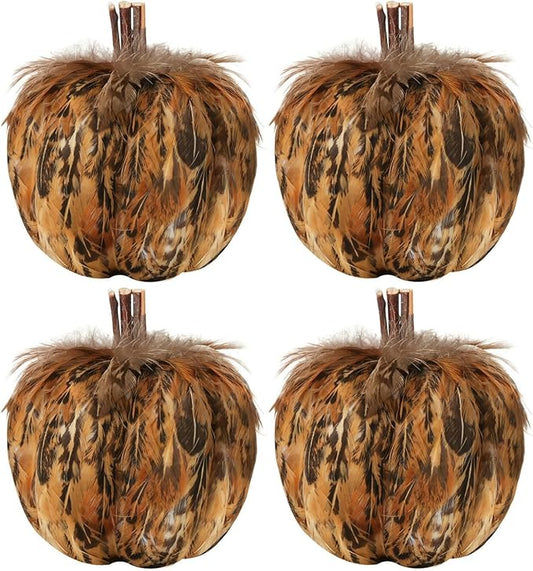 naturevibe 4.3 Inches Elegant Feathered Pumpkin Decor Set of 4 for Thanksgiving Decorations, Natural Feather Pumpkins as Fall Home Decor,Centerpieces for Tables or Autumn Harvest Gifts-Ruum Studio Home