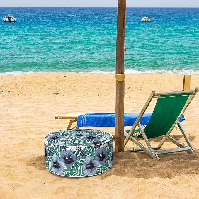 Inflatable Ottoman Stool D21 xH9 for Outdoor/Indoor Use, Water Repellent Patio Foot Rest with Portable Handle,Round Pouf Ottoman Suitable for Garden,Deck and Camping - Blue Salmone Tropical-Ruum Studio Home