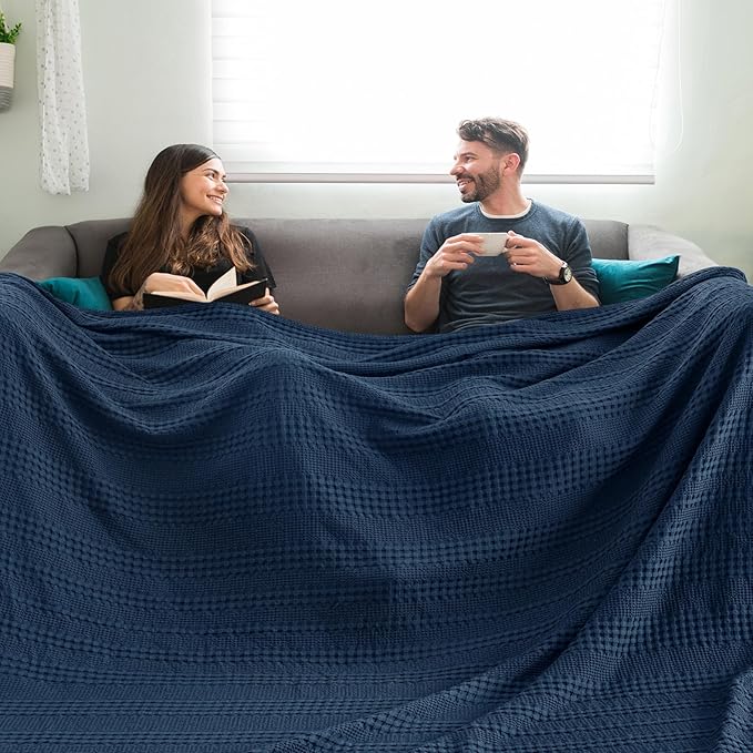 PHF Cooling Waffle Blanket California King Size, Lightweight 60% Rayon Derived from Bamboo & 40% Cotton Breathable Blanket for Hot Sleepers, Soft and Luxury for Bed Couch and Sofa, 110"x96", Navy Blue-Ruum Studio Home