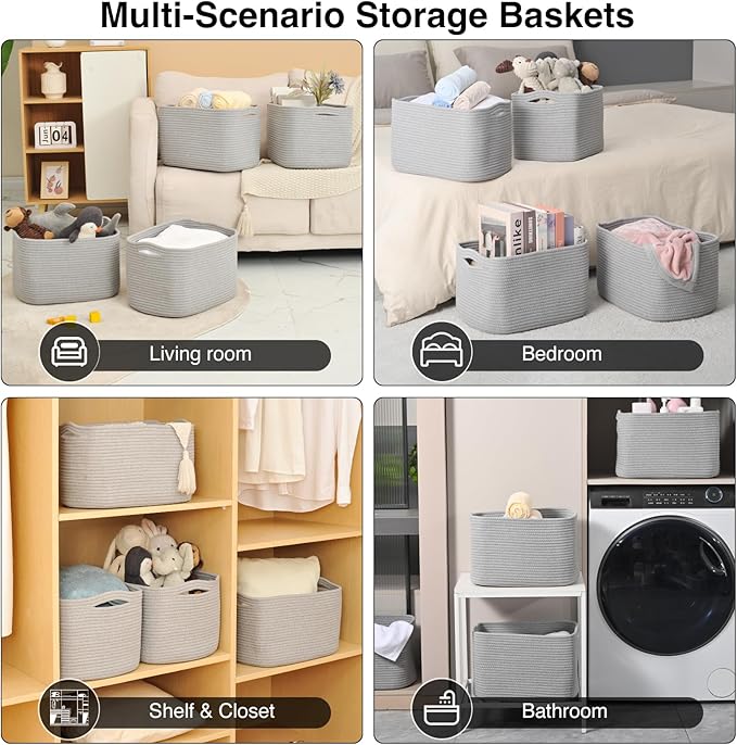 Storage Baskets for Organizing & Shelves, Woven Cotton Rope Organization Bins for Dog Toys, Clothes, Books, Nursery Organizer, 15" Lx11 Wx9.5 H, (4 Packs) Grey-Ruum Studio Home