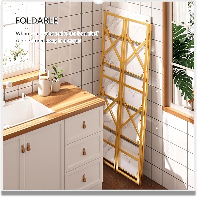 4NM 5 Tiers No Assembly Book Shelves, 51.2" H Folding Bookshelf Bookcase Open Industrial Foldable Shelves for Bedroom, Living Room, Home Office - White Gold-Ruum Studio Home