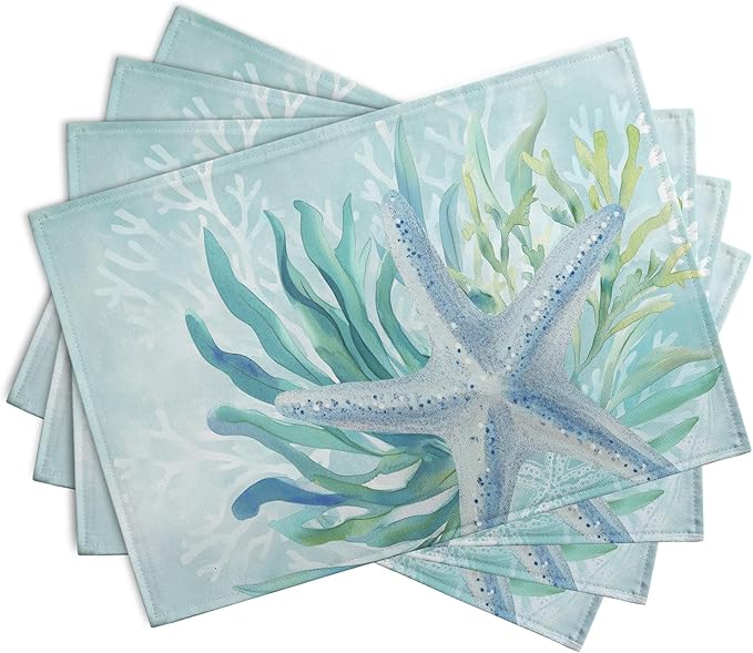 Nautical Coastal Placemats Set of 4 Ocean Coral Starfish Seagrass Beach Theme Table Mat 12x18 Inch Teal Turquoise Blue Summer Linen Fabric Place Mats for Party Kitchen Dining Outdoor Indoor Decor-Ruum Studio Home
