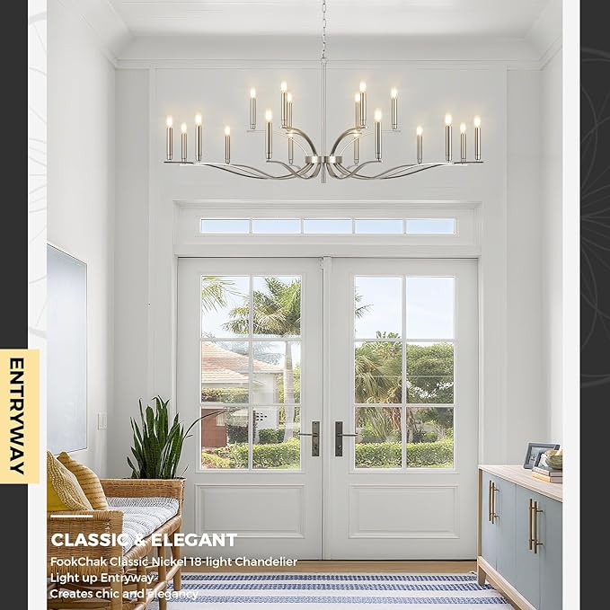18 Light Nickel Living Room Chandelier High Ceiling Foyer Candle Chandelier Large Modern 59in Metal Chandeliers Hanging Light for Master Bedroom Dining Room Light Fixture Over Table-Ruum Studio Home