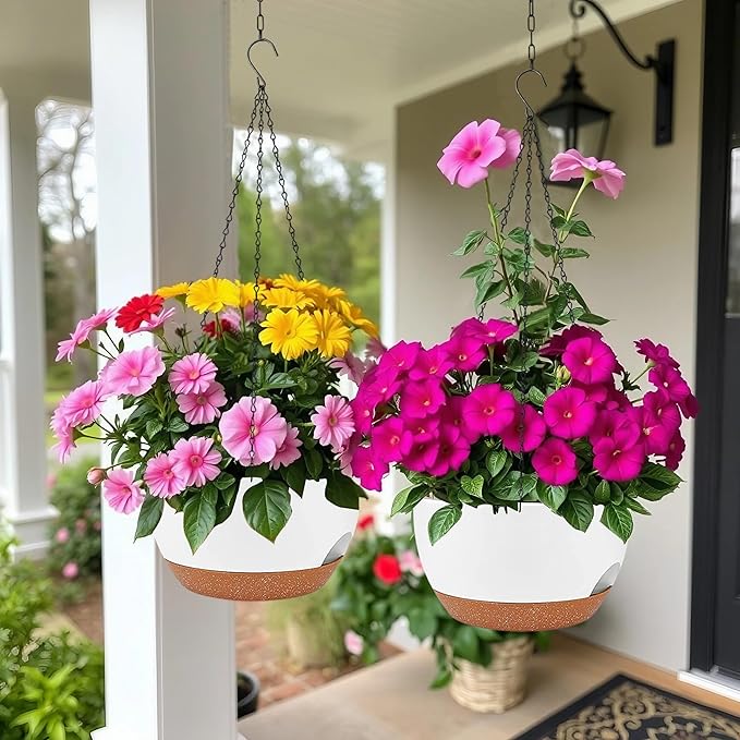 2 Pack Hanging Planters for Indoor Outdoor Plants, 12 Inch Self Watering Hanging Pot with Drainage Holes and Saucer, Plastic Plant Pots, White Brown Flower Pots for Kitchen, Balcony, Garden-Ruum Studio Home