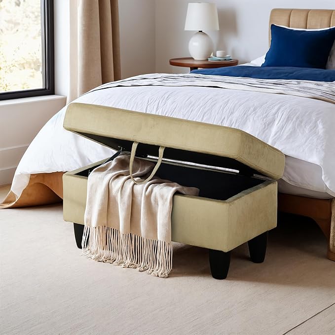 Ottoman Rectangular Storage Ottoman Bench, Flannel Footrest Stool Footstool with Lid for Living Room, Bedroom, Entryway, Light Brown, 28.5"x19"x17.5"-Ruum Studio Home