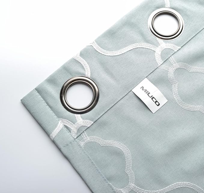 MIUCO Moroccan Embroidered Semi-Sheer Curtains Faux Linen Grommet Window Panel Pair for Nursery 52 x 63 Inch, Sea Foam-Ruum Studio Home