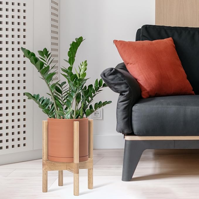 D'vine Dev Terracotta Planter with Natural Stand - 8 Inch Modern Round Flower Pot with Wood Planter Holder, Terracotta, 55-B-N-5-Ruum Studio Home