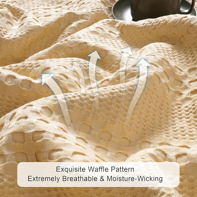 PHF Cooling Waffle Blanket Twin Size, Lightweight 60% Rayon Derived from Bamboo & 40% Cotton Breathable Blanket for Hot Sleepers, Soft and Luxury for Bed Couch and Sofa, 66"x90", Beige-Ruum Studio Home