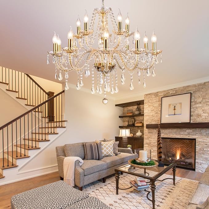 Modern Elegant 15 Lights K9 Crystal Glass Chandelier Golden Pendant Ceiling Lighting European Style for Dining Living Room Bedroom Transparent,15 E12 Bulbs Required-Ruum Studio Home