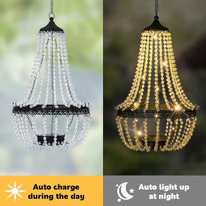 Hanging Solar Chandelier Outdoor, 30 Warm White Lights Acrylic Clear Beaded Chandelier with S Hooks Modern Lantern for Garden Yard Patio Gazebo Decorations, 28”H-Ruum Studio Home