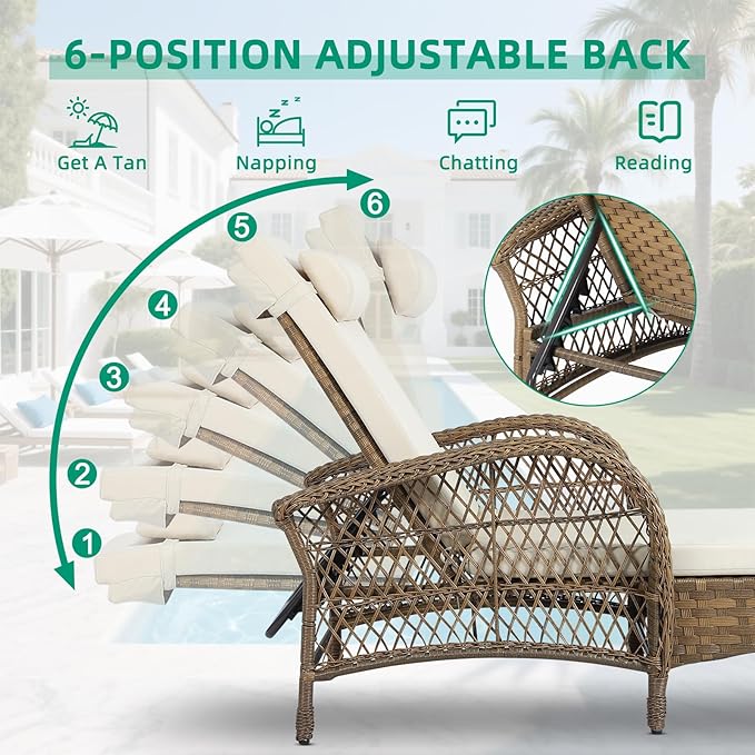 VIVIJASON Outdoor Wicker Chaise Lounge Chair Set of 2, All-Weather PE Rattan Cushioned Patio Lounger Chairs, 6-Position Adjustable Outside Pool Sunbathing Recliner with Armrest & Pillow, Beige-Ruum Studio Home