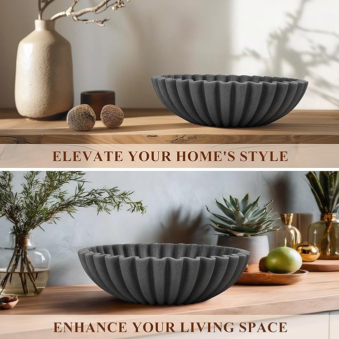 Large Decorative Bowl, Modern Handicraft Bowls for Home Decor, Decorative Fruit Bowl for Kitchen, Ruffle Bowl Decor, Stylish Key bowl for Entry Table, Artificial Stone Black-Ruum Studio Home